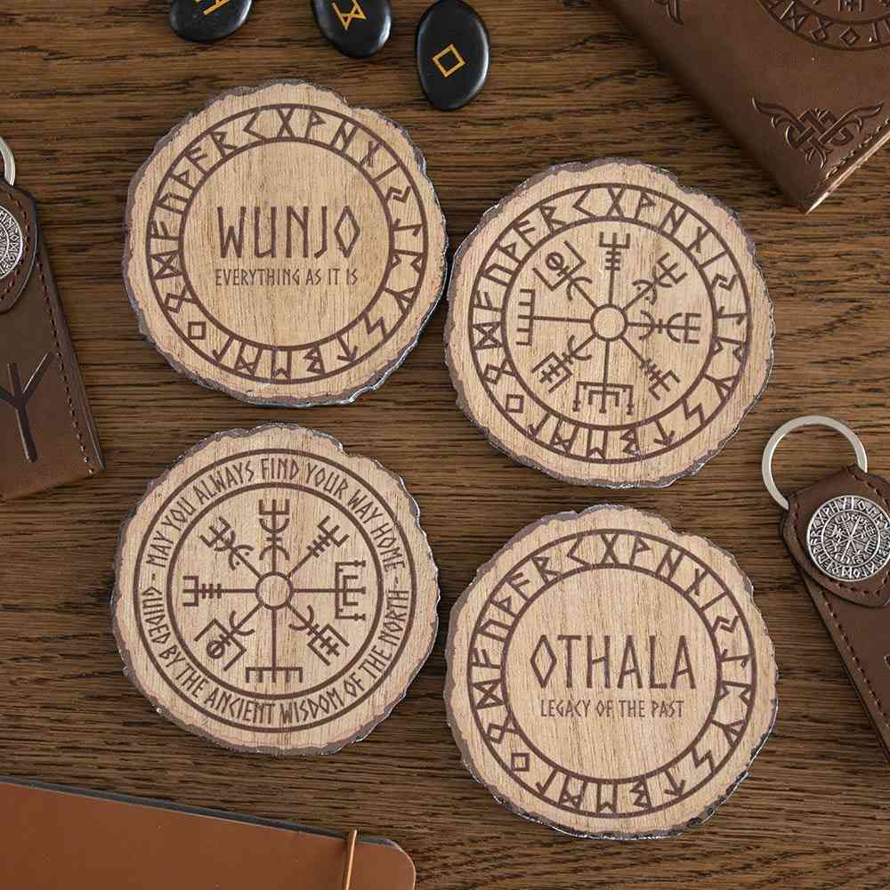 Something Different - Set of 4 Norse Mythology Wood Slice Coasters Onderzetter Set - Multicolours